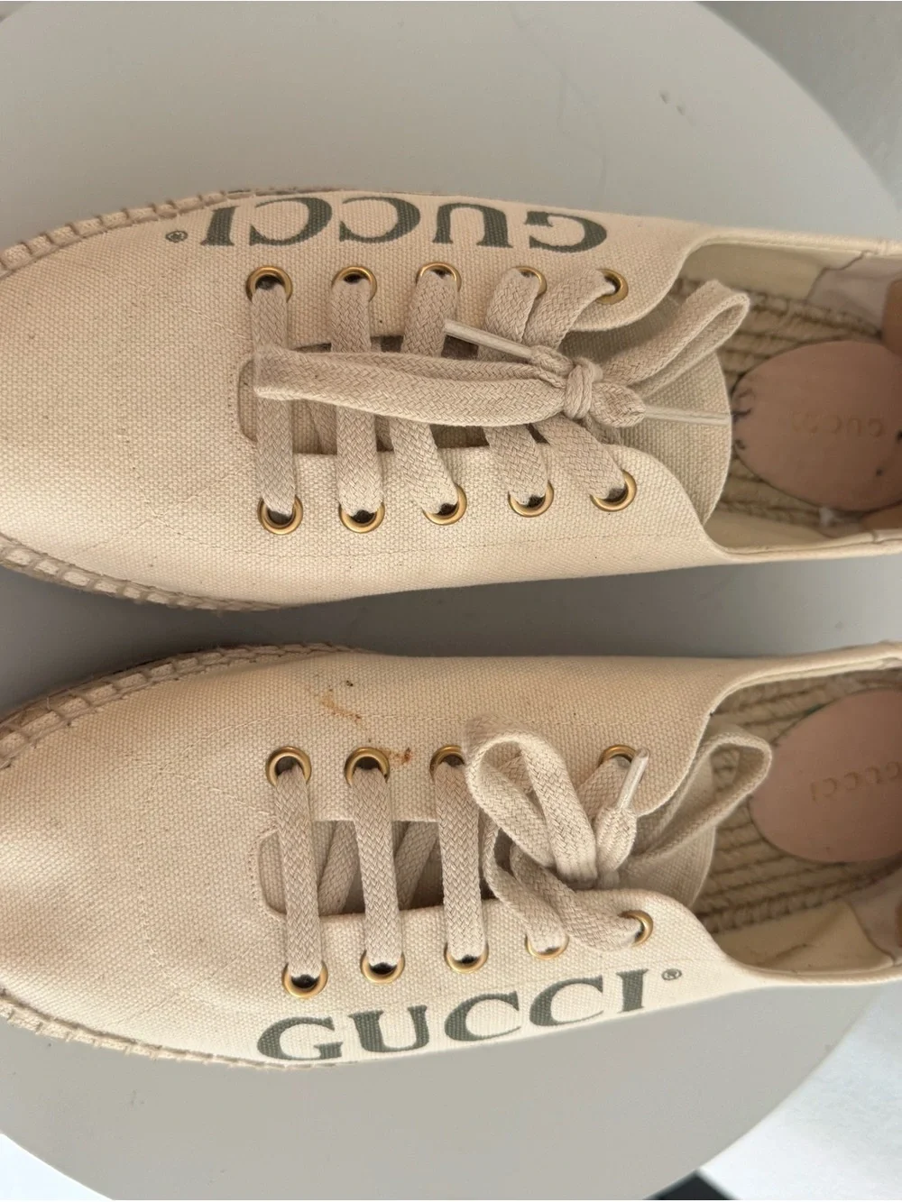 Gucci Beige Canvas Platform Espadrille Sneakers with Red and Green Stripe